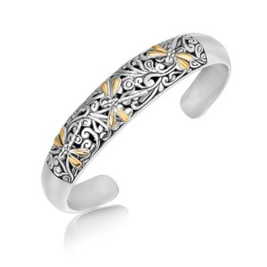 Yellow Gold and Silver Cuff with Dragonfly and Flourishes