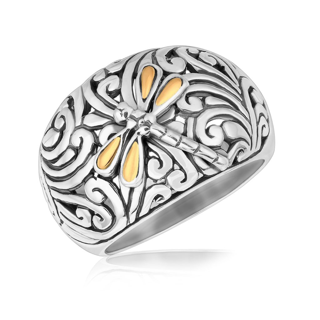 Gold & Silver Dragonfly Accented Domed Style Ring