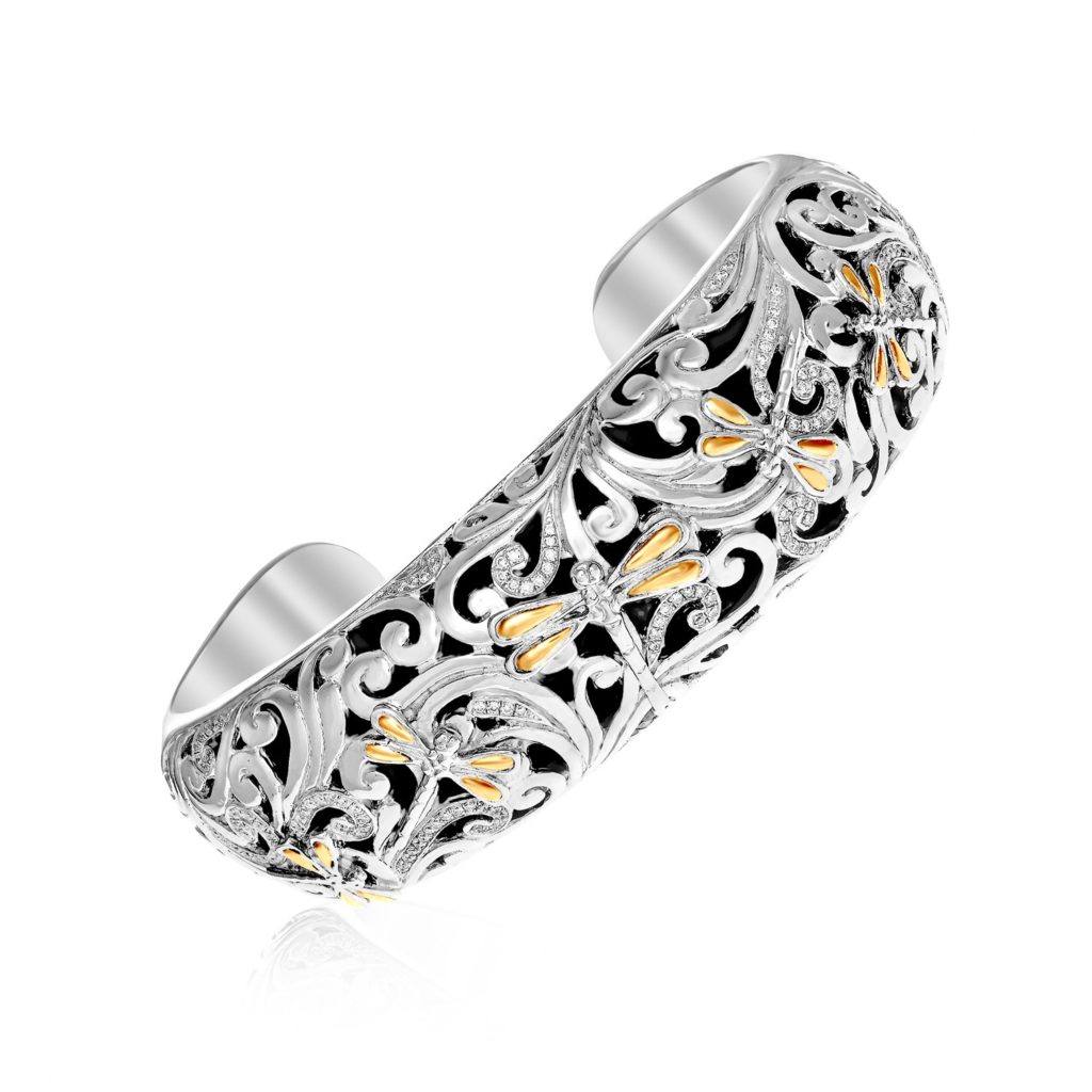 Yellow Gold & Silver Diamond Accent Dragonfly Bangle