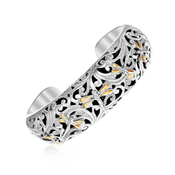 Yellow Gold & Silver Diamond Accent Dragonfly Bangle