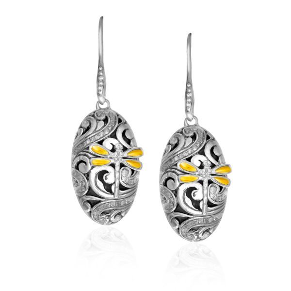 Gold & Silver Diamond and Dragonfly Oval Earrings