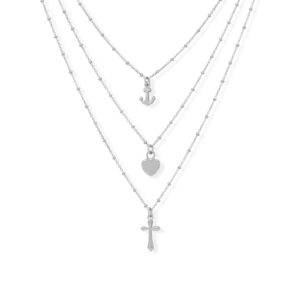 16+2 Rhodium Plated Three Strand Charm Necklace