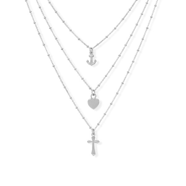 16+2 Rhodium Plated Three Strand Charm Necklace