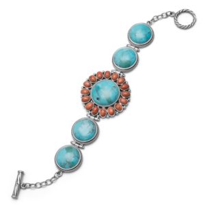 7.5 Reconstituted Turquoise and Coral Sunburst Toggle Bracelet