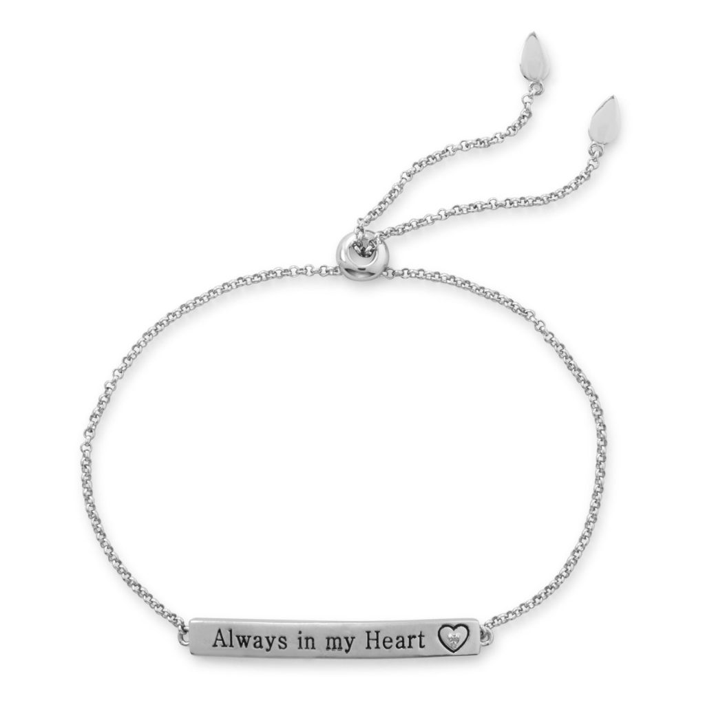Rhodium Plated Always in my Heart Bar Bolo Bracelet with Diamond