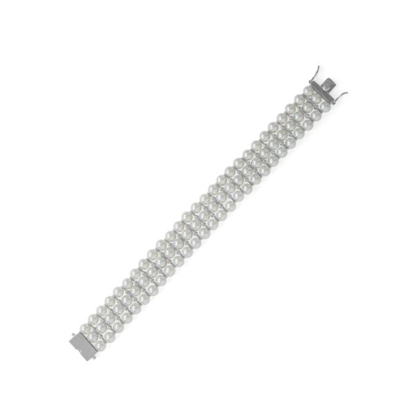 8 Rhodium Plated 3 Row Simulated Pearl and CZ Bracelet