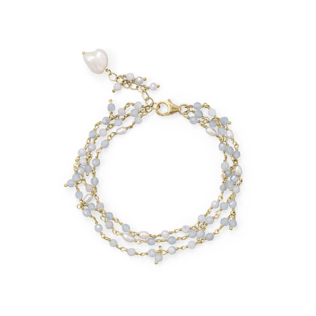 7+1 14 Karat Gold Plated Aquamarine and Cultured Fresh Water Pearl Bracelet
