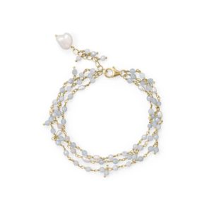7+1 14 Karat Gold Plated Aquamarine and Cultured Fresh Water Pearl Bracelet