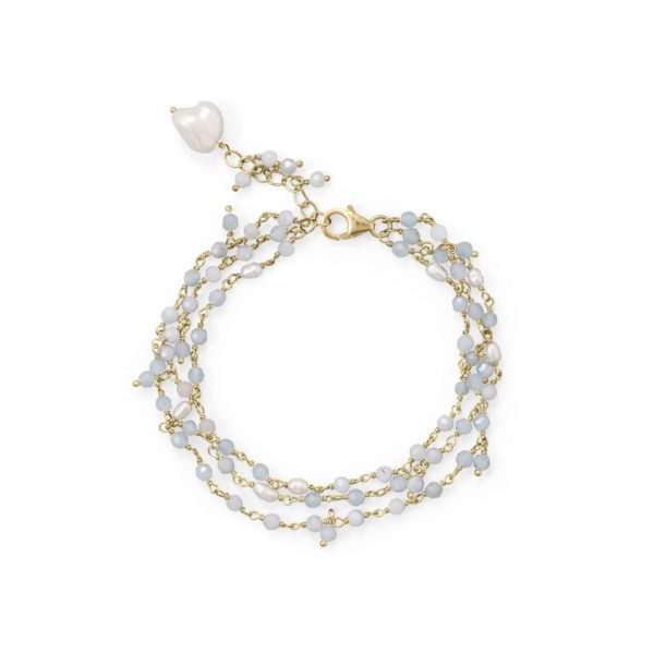 7+1 14 Karat Gold Plated Aquamarine and Cultured Fresh Water Pearl Bracelet