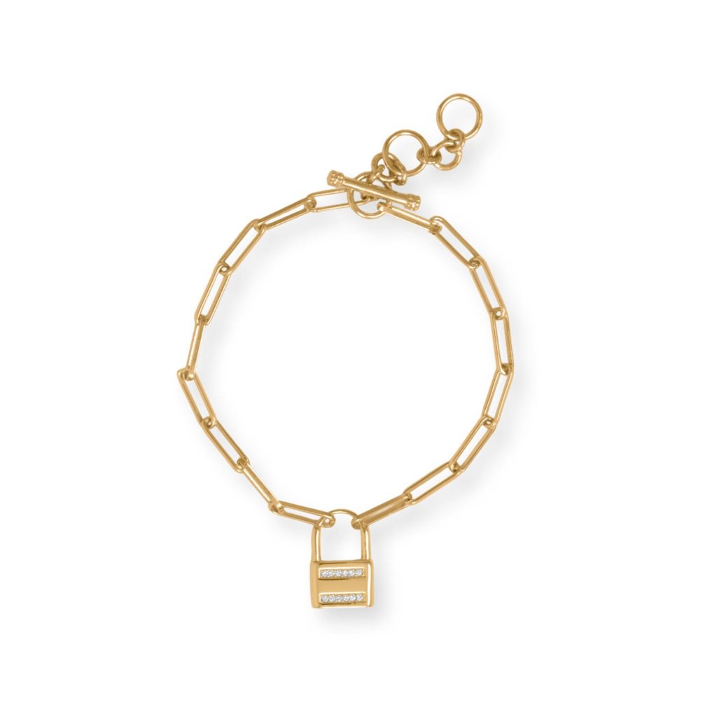 7.5 14 Karat Gold Plated CZ Lock Toggle Bracelet