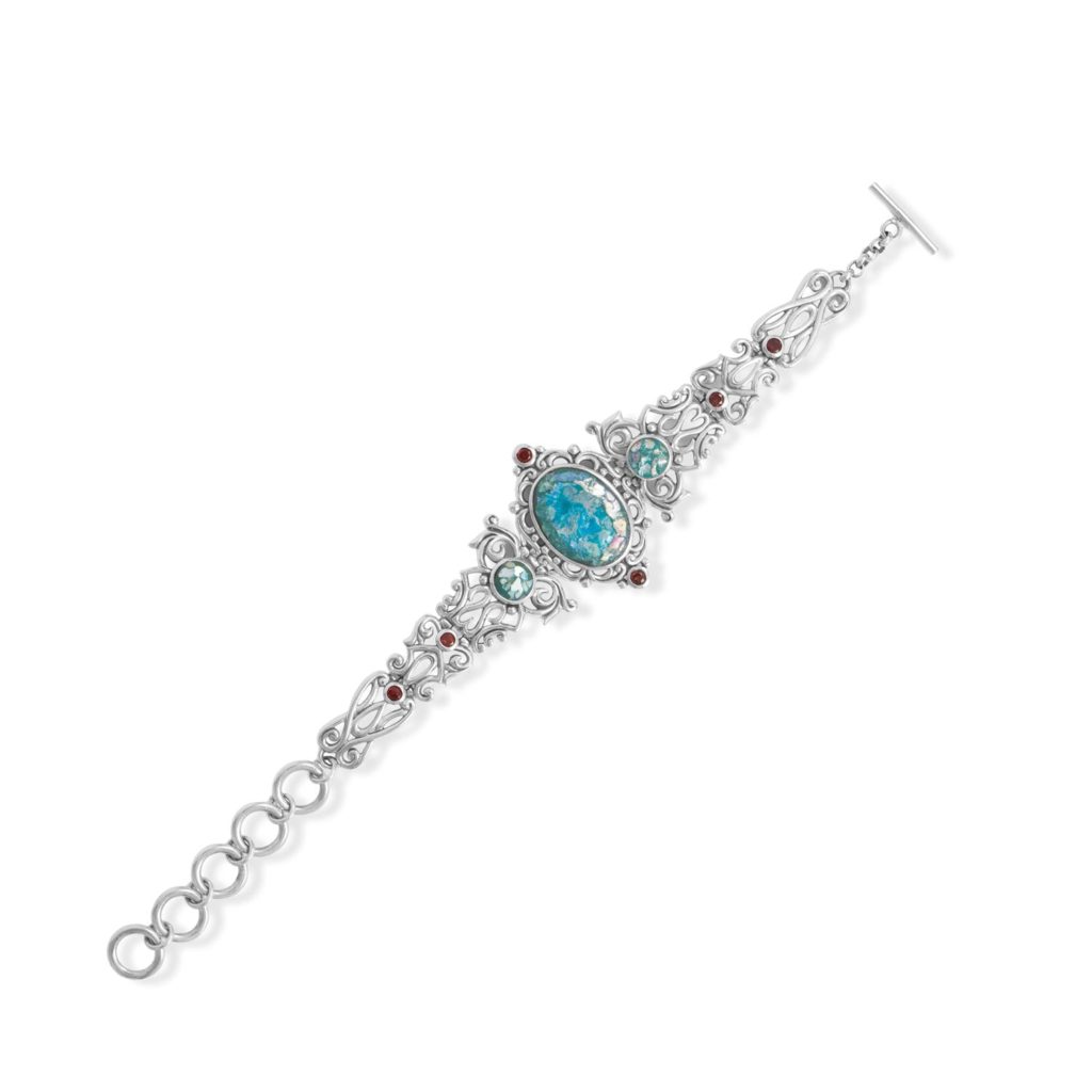 8 Oxidized Ornate Roman Glass and Garnet Bracelet