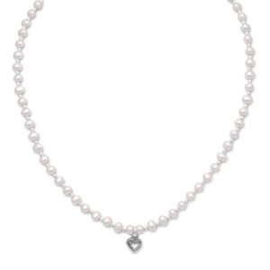 13+2 Extension Cultured Freshwater Pearl/Silver Bead Necklace with Oxidized Heart