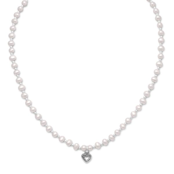 13+2 Extension Cultured Freshwater Pearl/Silver Bead Necklace with Oxidized Heart