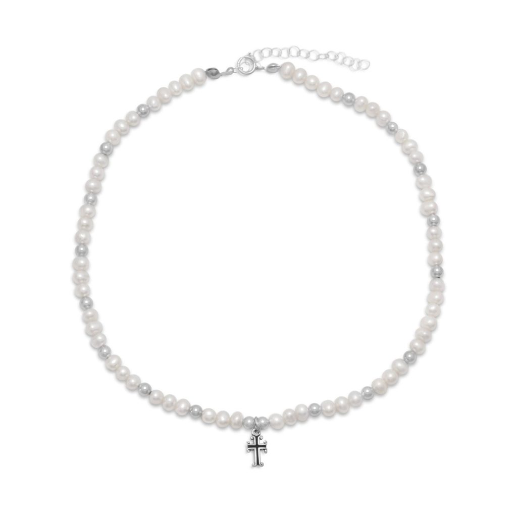 13 +2 Extension White Cultured Freshwater Pearl and Silver Bead Necklace with Cross Drop