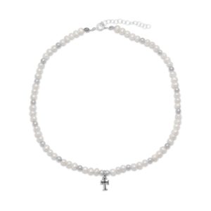 13 +2 Extension  White Cultured Freshwater Pearl and Silver Bead Necklace with Cross Drop