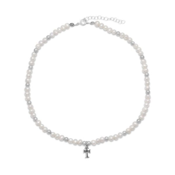 13 +2 Extension White Cultured Freshwater Pearl and Silver Bead Necklace with Cross Drop