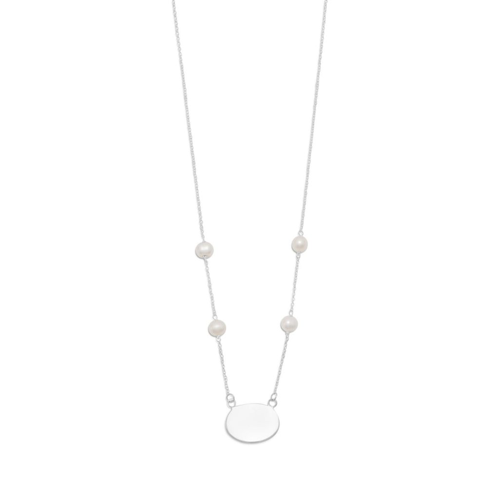 ID Tag Necklace with White Cultured Freshwater Pearl
