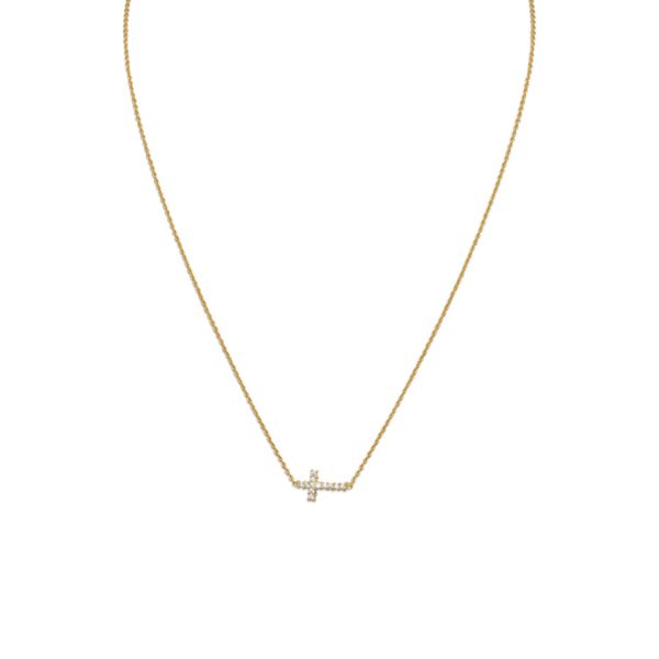 14 Karat Gold Plated Necklace with Sideways CZ Cross