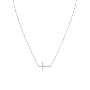 16 + 2 Rhodium Plated CZ Sideways Cross Necklace