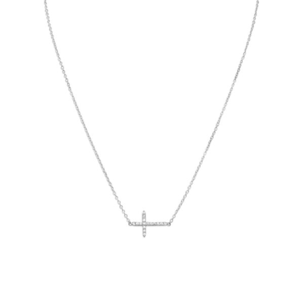 16 + 2 Rhodium Plated CZ Sideways Cross Necklace