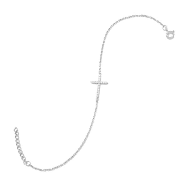 7 + 1 Rhodium Plated CZ Sideways Cross Bracelet