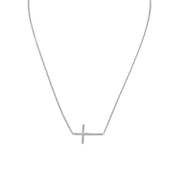 16 + 2 Rhodium Plated Polished Sideways Cross Necklace