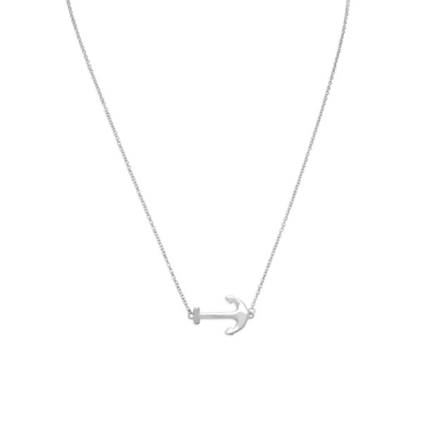 16 + 2 Rhodium Plated Sideways Anchor Necklace