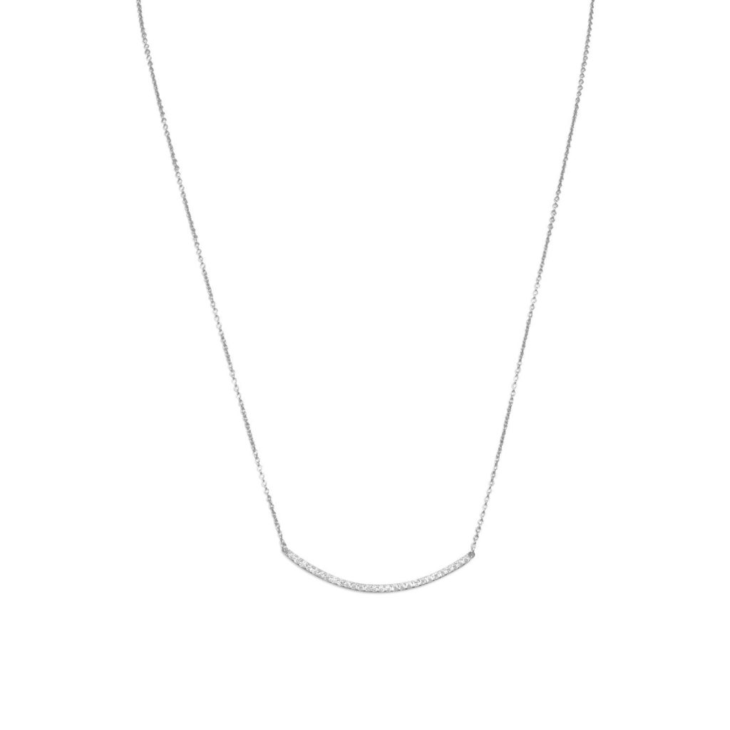 Rhodium Plated Curved CZ Bar Necklace