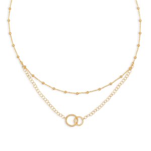 16 14 Karat Gold Plated Multistrand Beaded Necklace with Circle Link