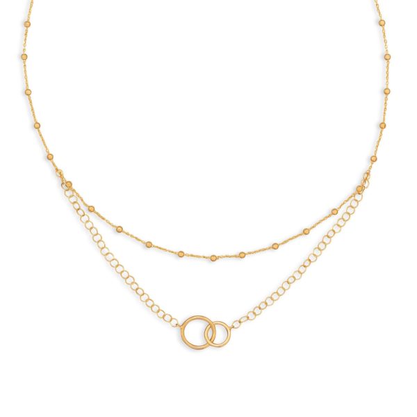 16 14 Karat Gold Plated Multistrand Beaded Necklace with Circle Link