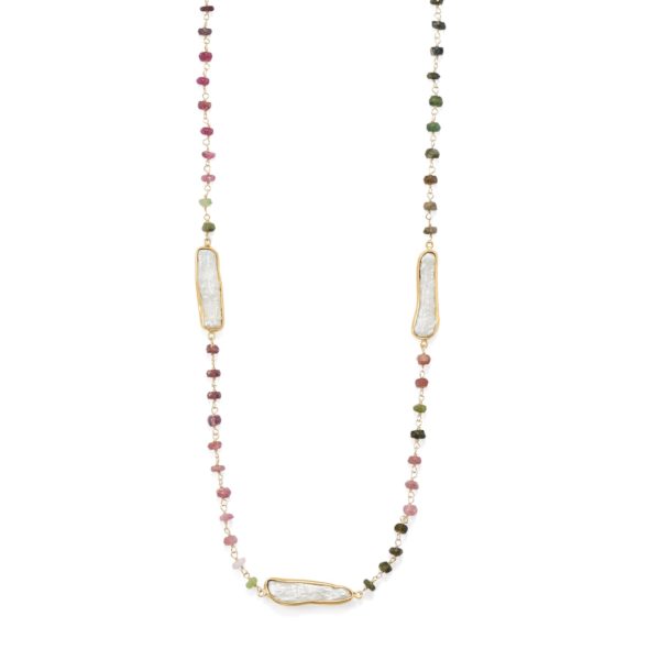 24 14 Karat Gold Plated Tourmaline and Cultured Freshwater Pearl Necklace
