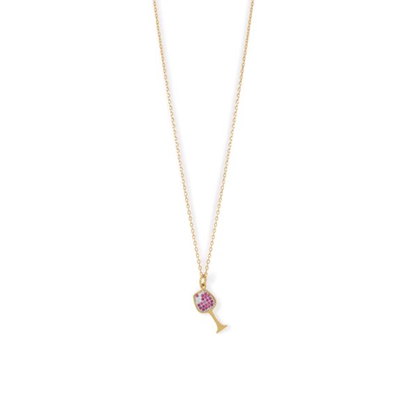 14 Karat Gold Plated CZ Red Wine Glass Charm Necklace