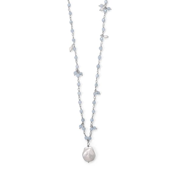 18+2 Beaded Aquamarine and Cultured Fresh Water Pearl Necklace