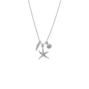 16 Rhodium Plated Starfish and Shells Charm Necklace