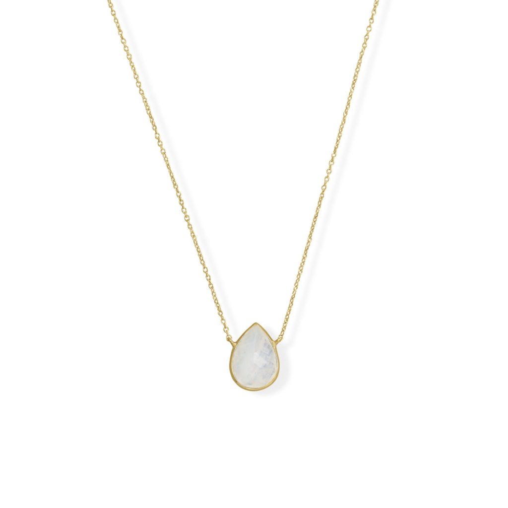 16+2 14 Karat Gold Plated Pear Rainbow Moonstone Necklace