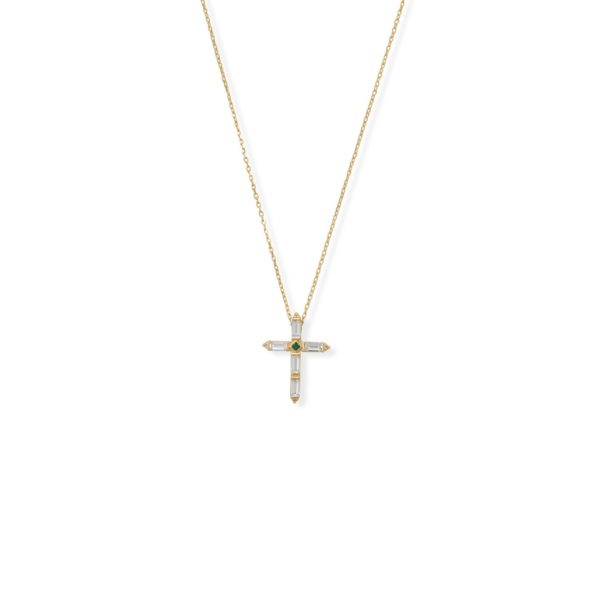 Bodacious Baguettes! 16 + 2 White and Green CZ Cross Necklace