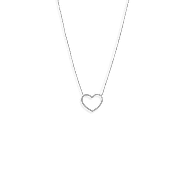 16 + 2 Rhodium Plated Diamond Cut Heart Outline Necklace