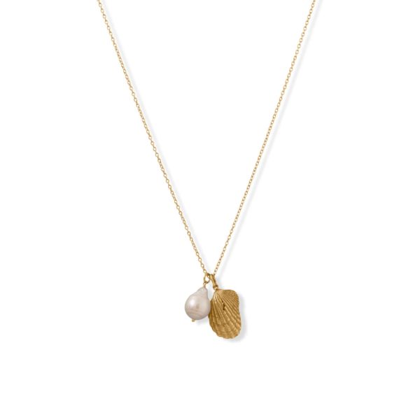 16 + 2 14 Karat Gold Plated Shell and Pearl Necklace
