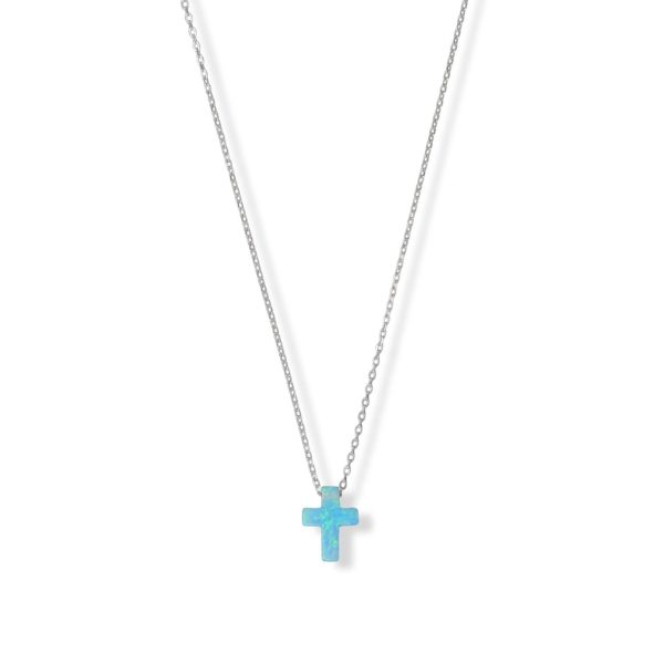 16 + 2 Rhodium Plated Synthetic Opal Cross Necklace