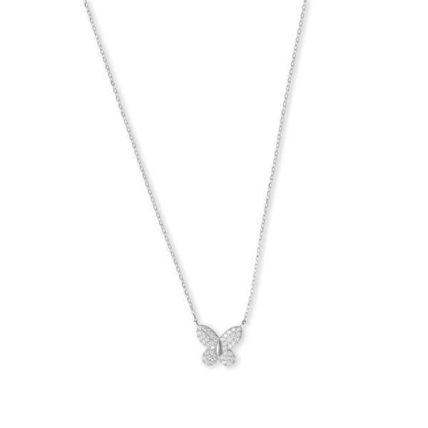 15 + 2 Rhodium Plated CZ Butterfly Necklace