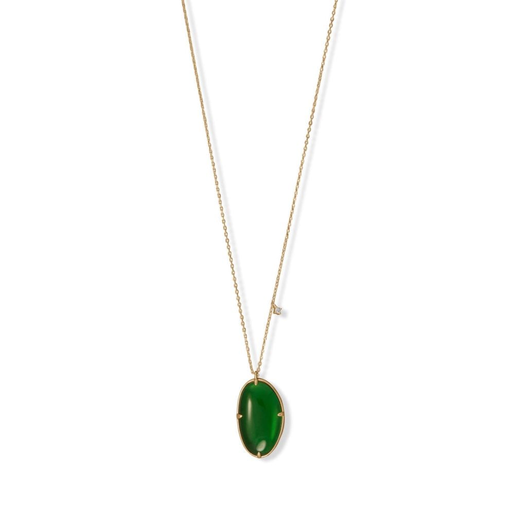 17.5 + 2 14 Karat Gold Plated Green Glass and CZ Necklace