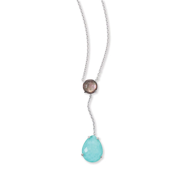 16 + 2 Rhodium Plated Black Mother of Pearl and Turquoise Drop Necklace