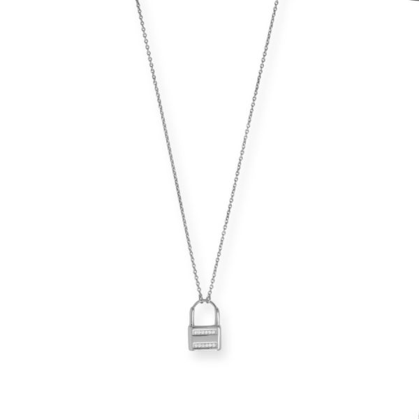 16 + 2 Rhodium Plated CZ Lock Necklace