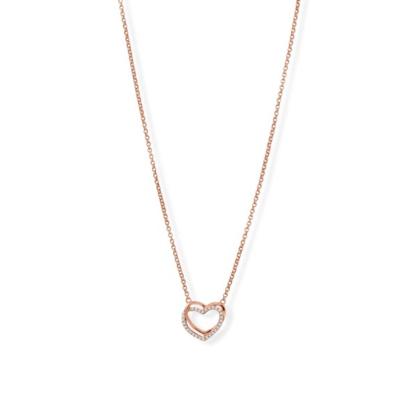 16 + 2 14 Karat Rose Gold Plated CZ Double Heart Necklace