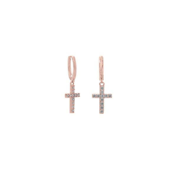 14 Karat Rose Gold Plated Hoop Earrings with CZ Cross
