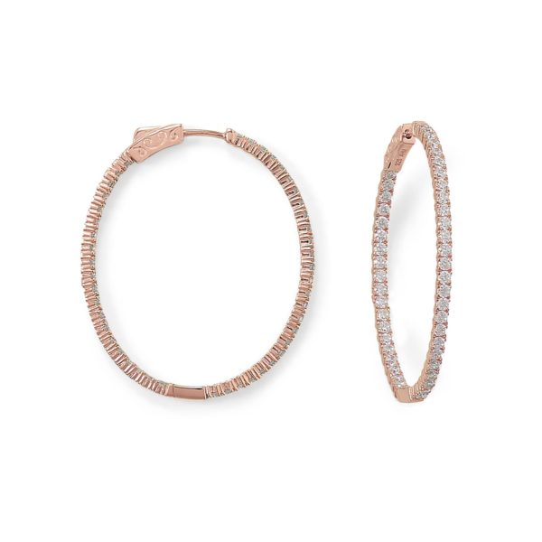 14 Karat Rose Gold Plated Oval In/Out CZ Hoop Earrings