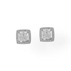 Rhodium Plated Sterling Silver Cushion Cut CZ Halo Stud Earrings