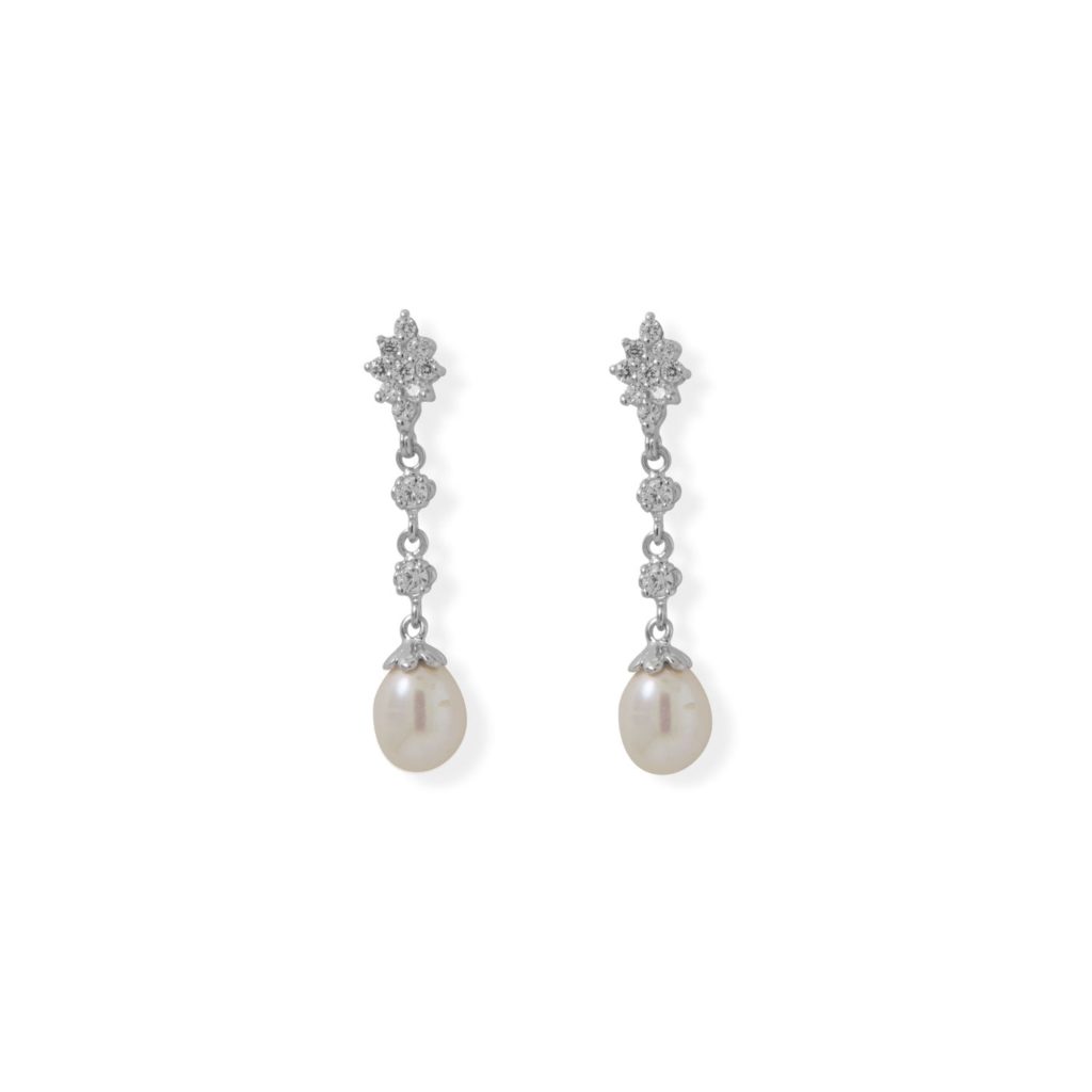 Sterling Silver CZ Pearl Cluster Drop Earrings