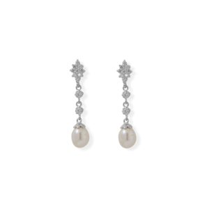 Sterling Silver CZ Pearl Cluster Drop Earrings