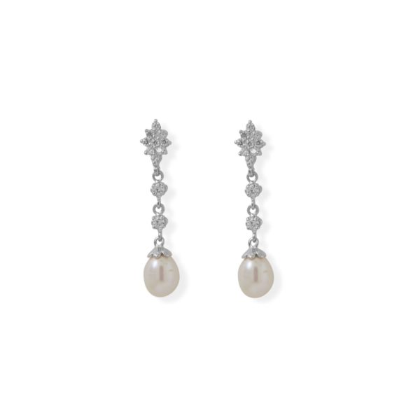 Sterling Silver CZ Pearl Cluster Drop Earrings